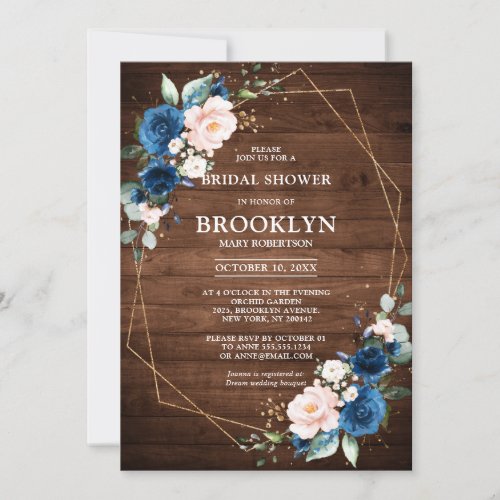Navy Blue Blush Rustic Wood Gold Bridal Shower Invitation
