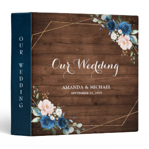 Navy Blue Blush Rustic Wood Gold Geometric Wedding 3 Ring Binder