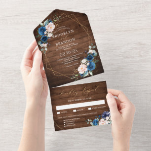 Navy Blue Blush Rustic Wood Gold Geometric Wedding All In One Invitation
