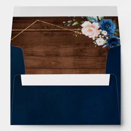 Navy Blue Blush Rustic Wood Gold Geometric Wedding Envelope