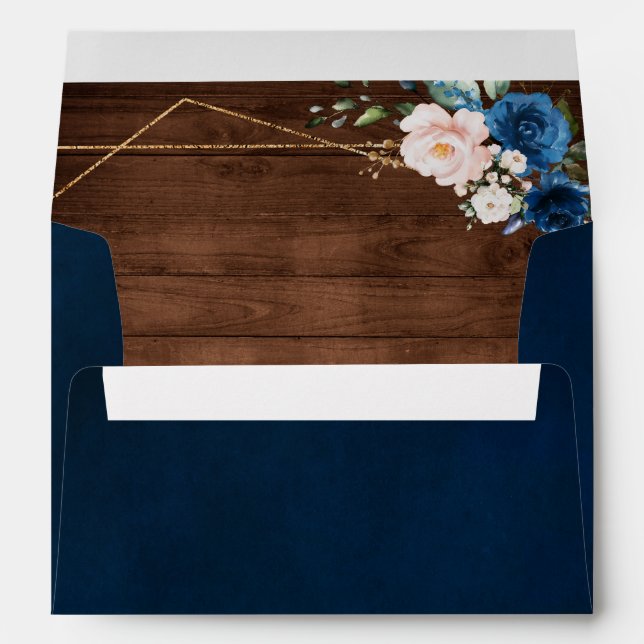 Navy Blue Blush Rustic Wood Gold Geometric Wedding Envelope (Back (Bottom))
