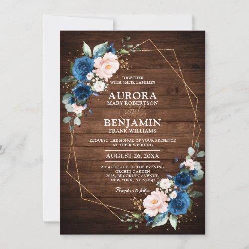 Navy Blue Blush Rustic Wood Gold Geometric Wedding Invitation