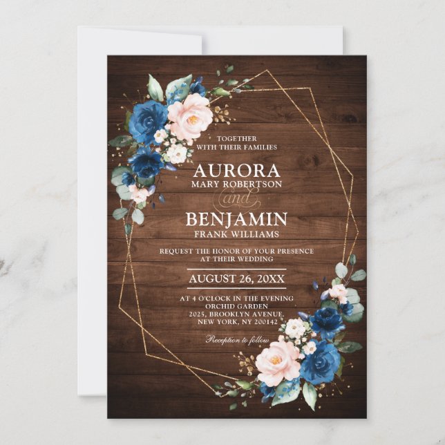 Navy Blue Blush Rustic Wood Gold Geometric Wedding Invitation (Front)