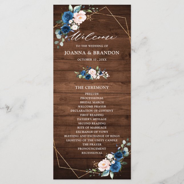 Navy Blue Blush Rustic Wood Gold Geometric Wedding Program (Front)