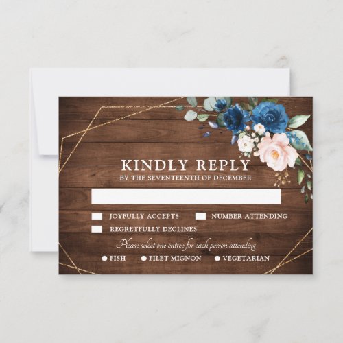 Navy Blue Blush Rustic Wood Gold Geometric Wedding RSVP Card