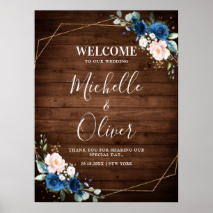 Navy Blue Blush Rustic Wood Gold Geometric Welcome Poster