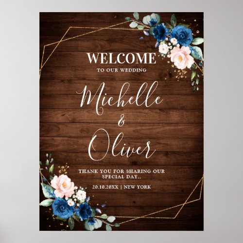 Navy Blue Blush Rustic Wood Gold Geometric Welcome Poster