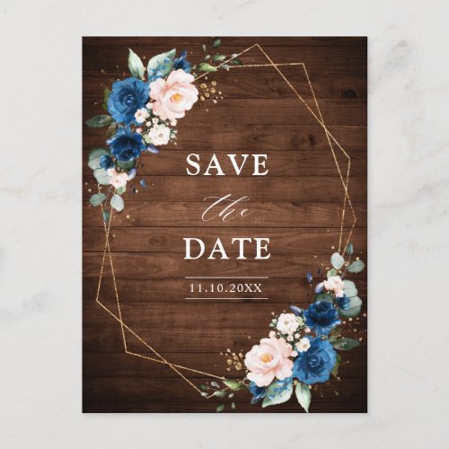 Navy Blue Blush Rustic Wood Gold Save the Date Postcard