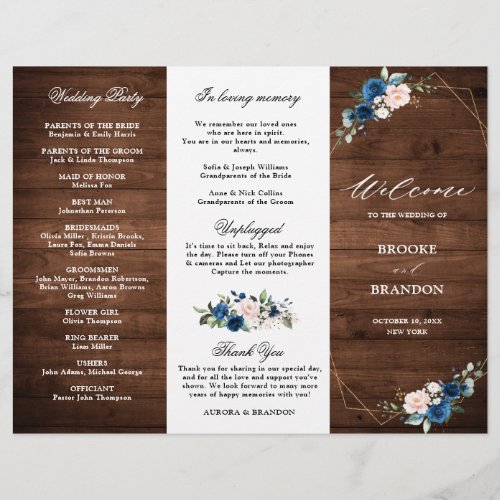 Navy Blue Blush Rustic Wood Gold Wedding Program