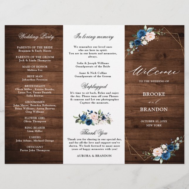Navy Blue Blush Rustic Wood Gold Wedding Program (Front)