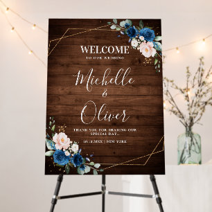 Navy Blue Blush Rustic Wood Gold Wedding Welcome F Foam Board