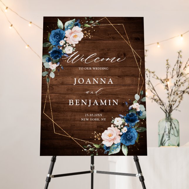 Navy Blue Blush Rustic Wood Gold Wedding Welcome Foam Board (In Situ (Stand))