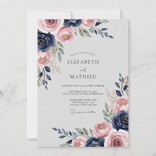 Navy Blue Blush Seraphic Floral Wedding Invitation