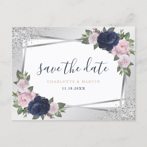 Navy Blue Blush Silver Floral Geometric Wedding Announcement Postcard