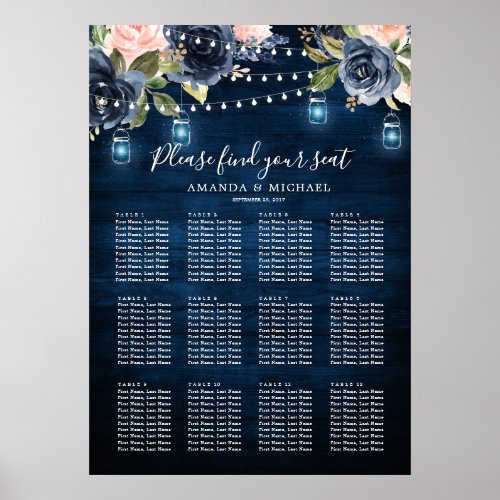 Navy Blue Blush String Lights Seating Chart