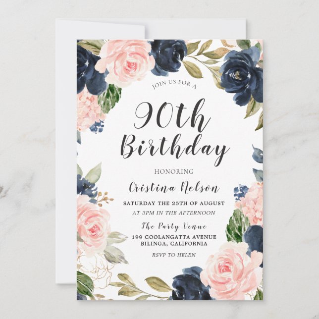Navy Blue Blush Watercolor 90th Birthday Party Invitation (Front)