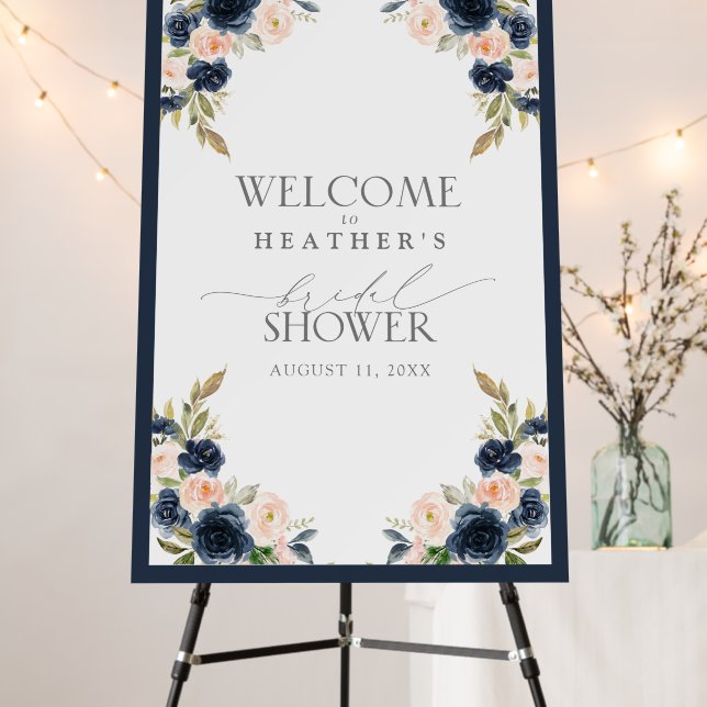 Navy Blue Blush Watercolor Bridal Shower Welcome Foam Board (In Situ (Stand))