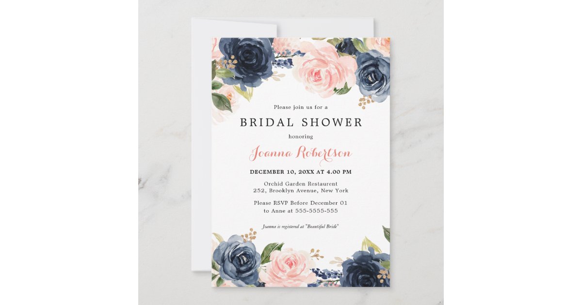 Navy Blue Blush Watercolor Floral Bridal Shower In Invitation | Zazzle
