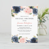 Navy Blue Blush Watercolor Floral Bridal Shower In Invitation (Standing Front)
