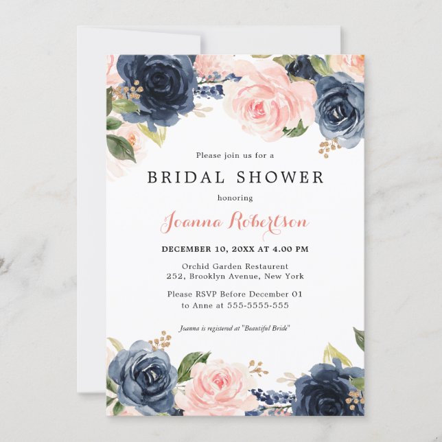Navy Blue Blush Watercolor Floral Bridal Shower In Invitation (Front)