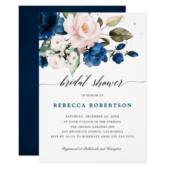 Navy Blue Blush Watercolor Floral Bridal Shower Invitation