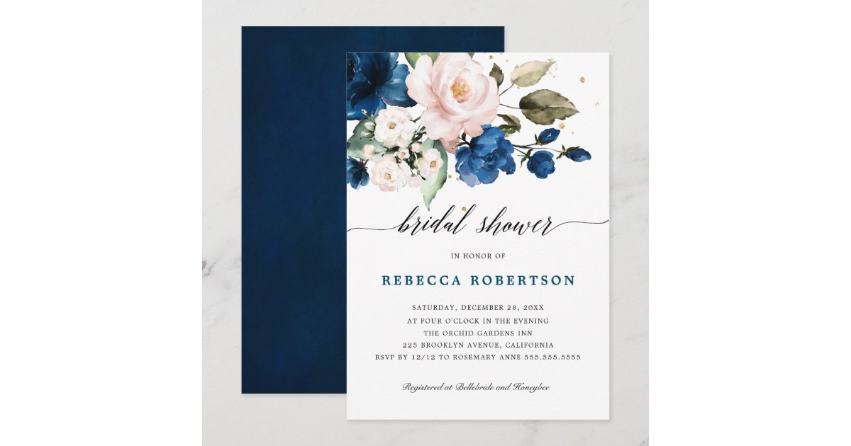 Navy Blue Blush Watercolor Floral Bridal Shower Invitation | Zazzle