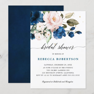 Navy Blue Blush Watercolor Floral Bridal Shower Invitation