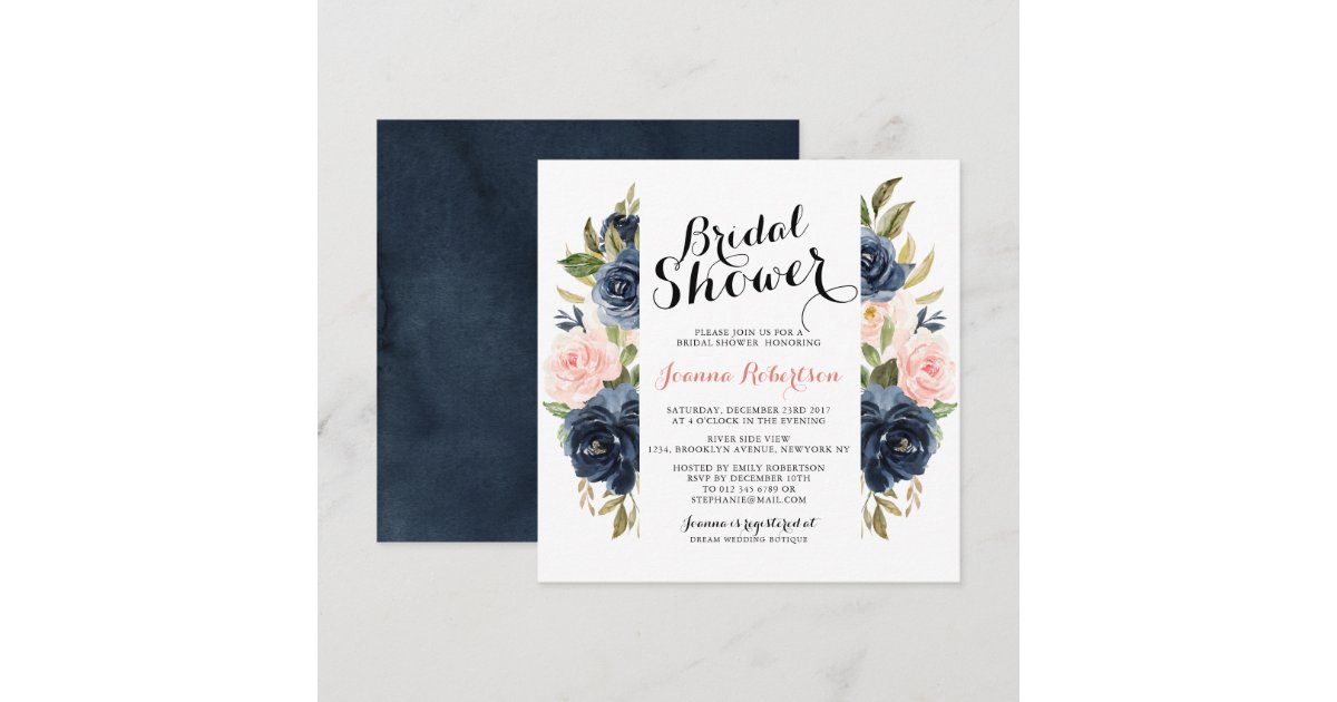 Navy Blue Blush Watercolor Floral Bridal Shower Invitation | Zazzle