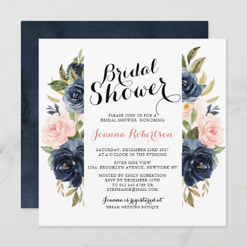 Navy Blue Blush Watercolor Floral Bridal Shower Invitation