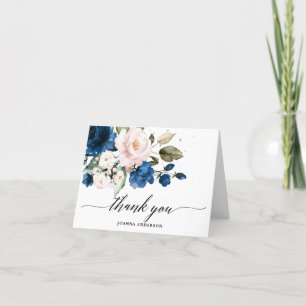 Navy Blue Blush Watercolor Floral Bridal Shower Thank You Card