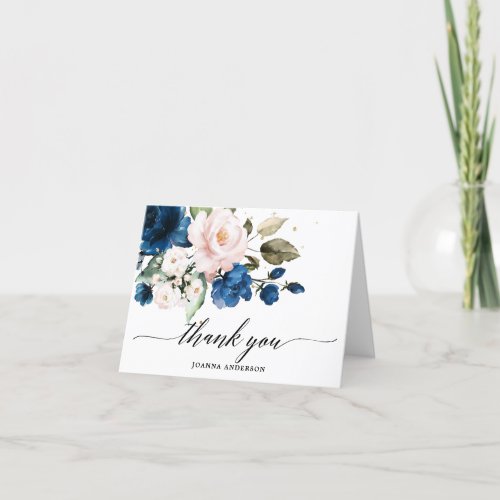 Navy Blue Blush Watercolor Floral Bridal Shower Thank You Card