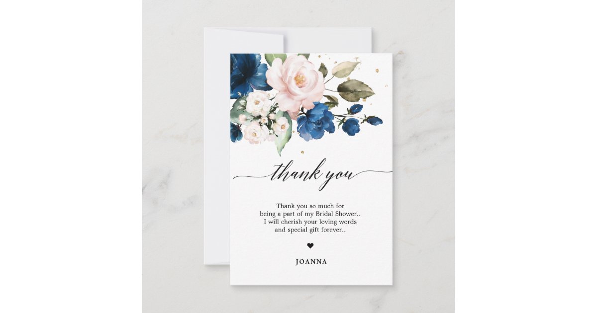 Navy Blue Blush Watercolor Floral Bridal Shower Thank You Card | Zazzle