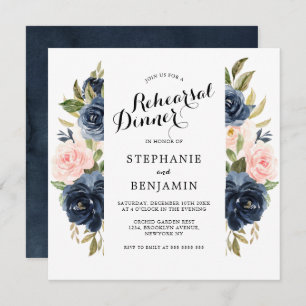 Navy Blue Blush Watercolor Floral Rehearsal Dinner Invitation