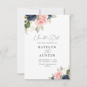 Navy blue & blush watercolor floral save the date invitation