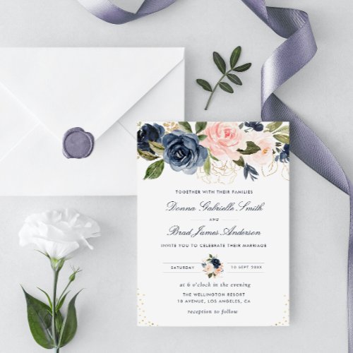 navy blue  blush watercolor floral wedding invitation