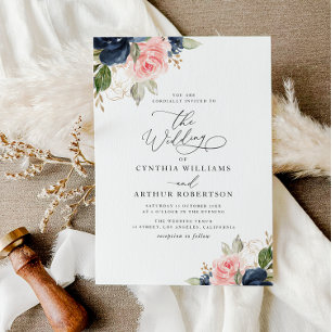 Navy blue & blush watercolor floral wedding invitation