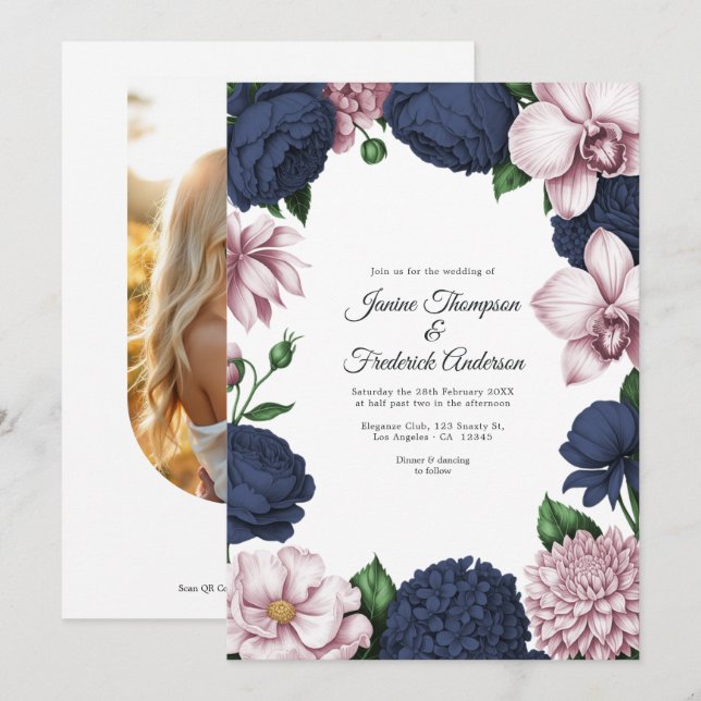 Navy Blue & Blush Watercolor Floral Wedding Invitation (Front/Back)