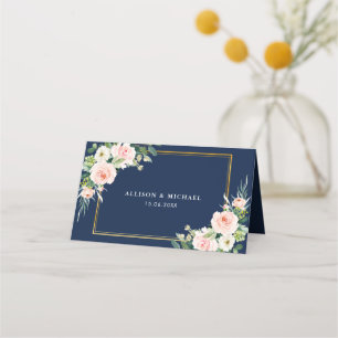 Navy blue & blush watercolor floral wedding place card