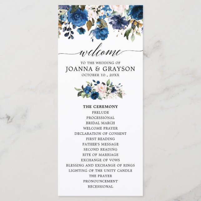 Navy Blue Blush Watercolor Floral Wedding Program (Front)