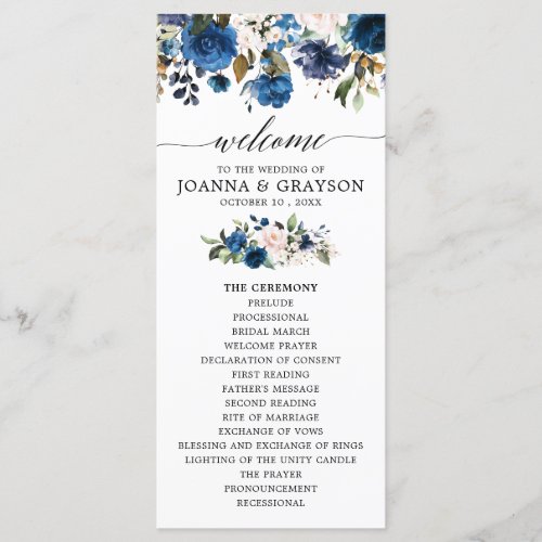 Navy Blue Blush Watercolor Floral Wedding Program