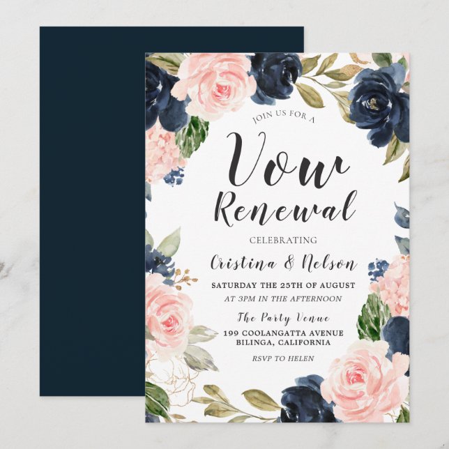 Navy Blue Blush Watercolor Wedding Vow Renewal Invitation (Front/Back)