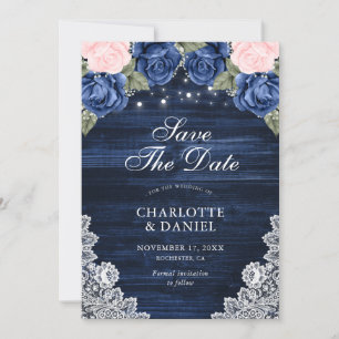 Navy Blue Blush Wood Lace Floral Wedding Photo Save The Date
