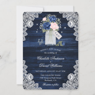 Navy Blue Blush Wood Mason Jar Floral Wedding Invitation
