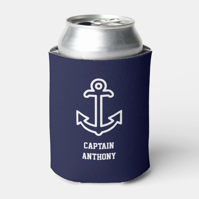 Navy Blue Boat Anchor Personalized Can Cooler (Can Front)
