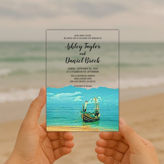 Navy Blue Boat Coastal Destination Wedding Acrylic Invitations (Creator Uploaded)