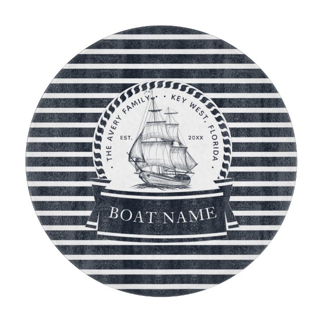 Navy Blue Boat Modern Personalized Cutting Board (Front)