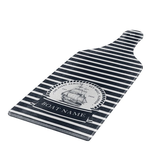 Navy Blue Boat Modern Personalized Cutting Board (Corner)