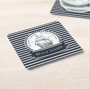Navy Blue Boat Personalized Square Paper Coaster