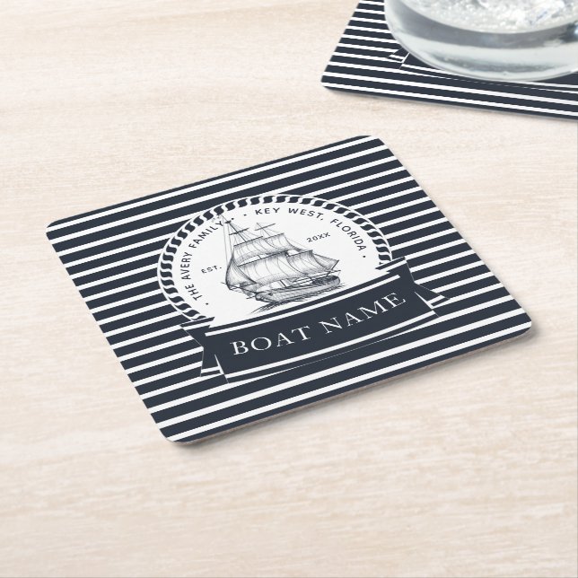 Navy Blue Boat Personalized Square Paper Coaster (Angled)