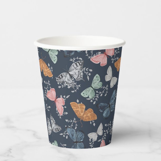 Navy Blue Boho Butterfly Shower Party Tableware Paper Cups (Front)